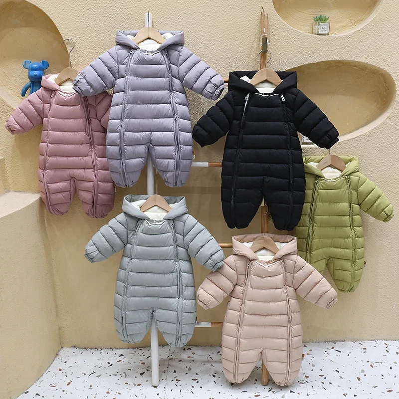 

2025 Autumn Winter Baby Overalls Plus Velvet Hooded Warm Baby Girl Jumpsuit Toddler Boys Rompers Infant Newborn Sleepwear
