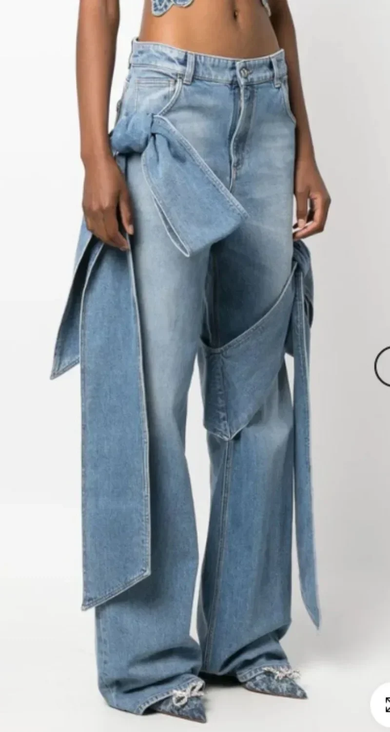 Celana Jeans Lurus Pinggang Tinggi Tali Sambungan Rasa Desain Baru Musim Semi 2024 Celana Panjang Kasual Wanita Retro Street Washed
