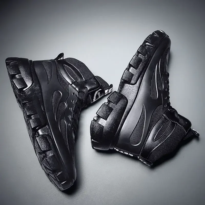 

Новинка 2025 года, зимние мужские высокие хлопковые ботинки на флисовой подкладке, черные нескользящие ботинки в байкерском стиле на шнуровке, увеличивающие рост