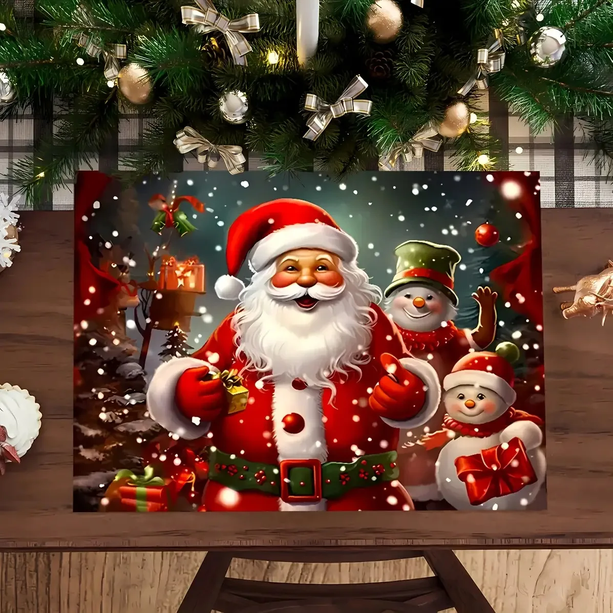 4pcs Red & Golden Christmas Placemats Set with Santa Claus, Snowmen, Reindeer & Bells