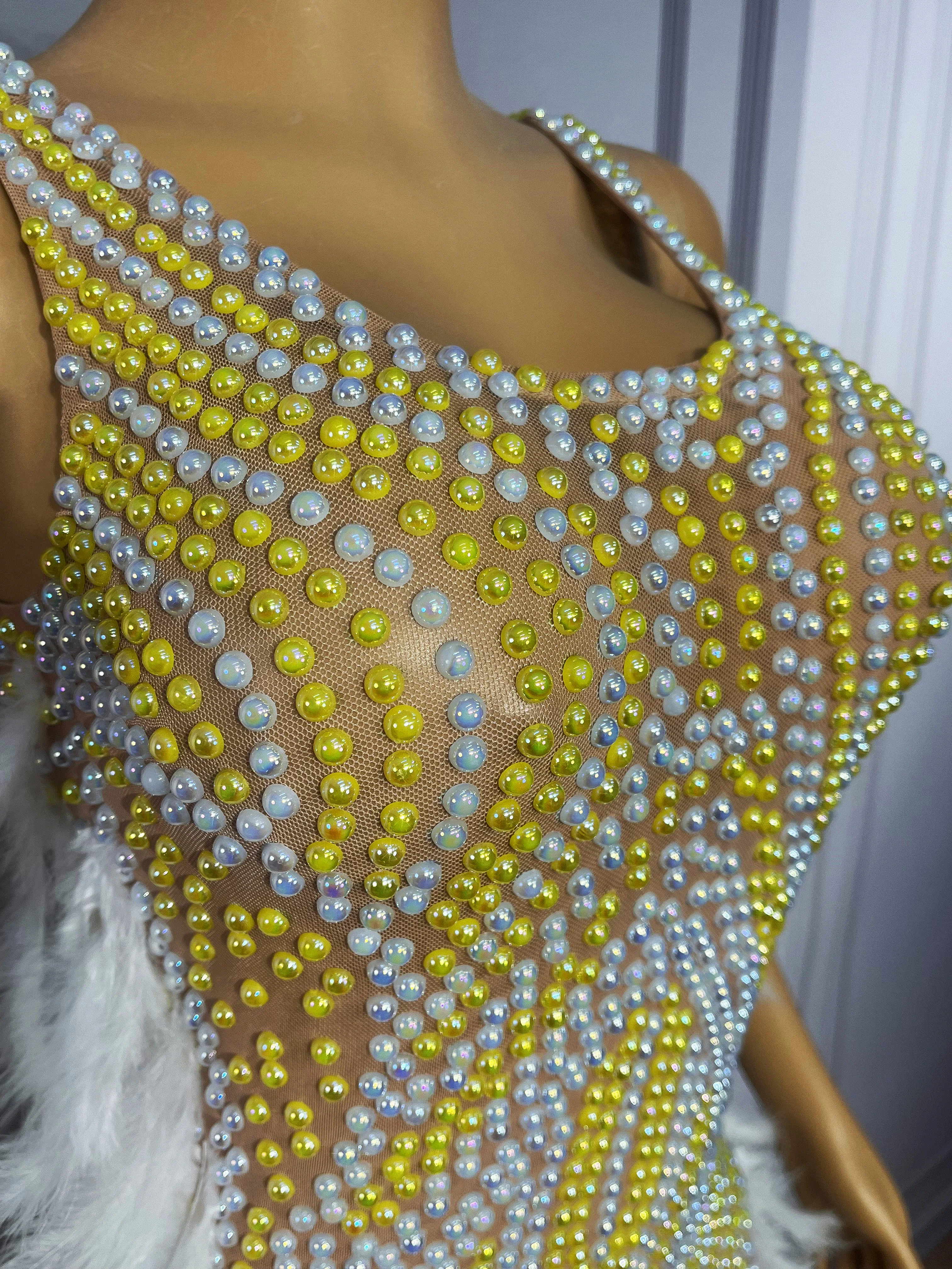 High-end Shiny Pearls Handmade Feather Mesh Dress Evening Cocktail party Elegant Gown FashionShow Red carpet Stage Outfit Zhuhai view 4