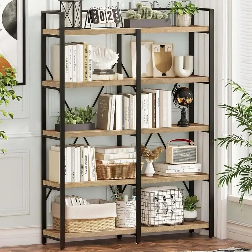 FATORRI Bookshelf, Industrial 5 Tier, Rustic Wood Etagere Bookcase, Metal Tall Book Shelf with Large Open Shelving Unit