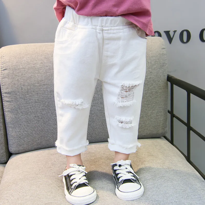 2024 Spring Autumn Baby Girls Ripped Jeans Children Kids Broken Hole Pants White Color Girls Elastic Waist Denim Pants