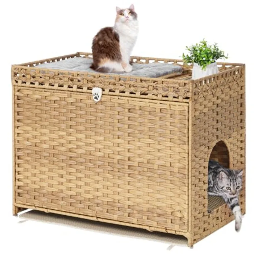 

Cat Litter Box Enclosure with Soft Litter Mat for Indoor Use; Hidden Cat Washroom Furniture with Door Design; Handwoven Rattan