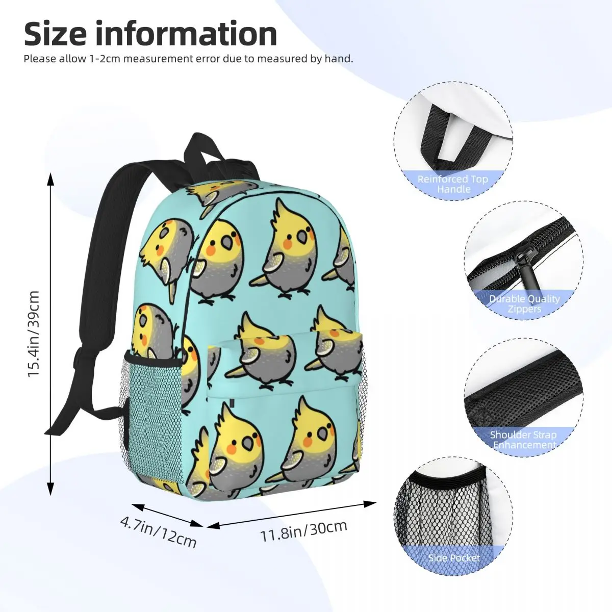 Chubby Pearl Cockatiel Backpack Student Boys Girls BookBag Men Women School Bag Laptop Shoulder Bags