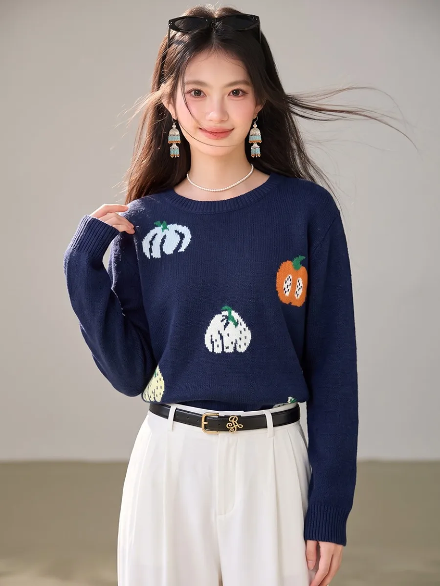 Cartoon Pumpkin Long Sleeve Knitted Sweater Women's Autumn Winter New Style Inner Wear Base Shirt Knitwear Top Soft Loose Fit