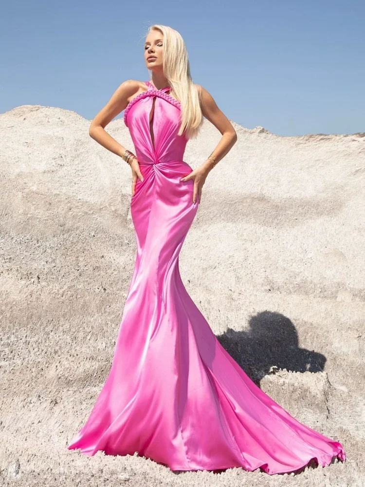 

Elegant New Sexy Sleeveless Asymmetrical Straps Hollow Out Maxi Dress Women's Backless Slim Mermaid Evening Party Gown