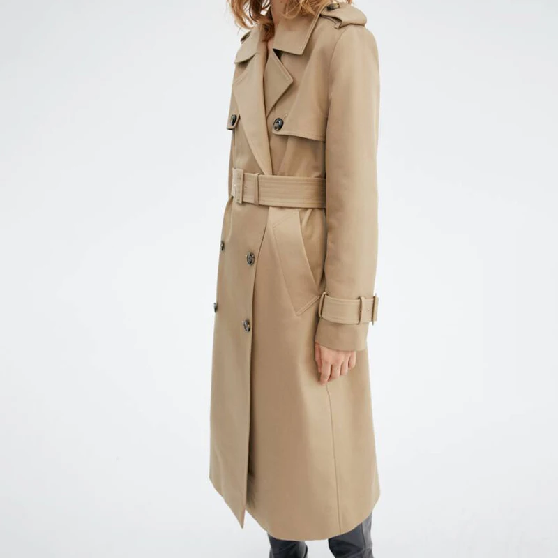 Khaki Double-Breasted Women's Trench Coat – Knee-Length Rainproof Cotton Windbreaker