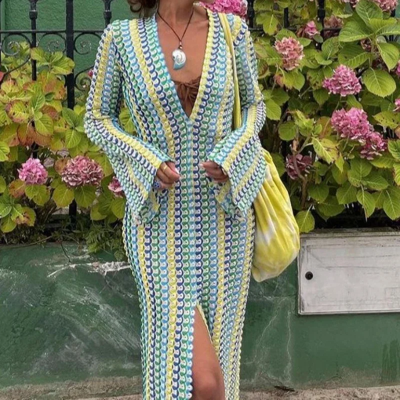 

Sexy Rainbow Dress Women Print Dresses V Neck Split Long Hollow Out Long Flare Sleeve Knitted Elegant Beach Party Club Vestidos