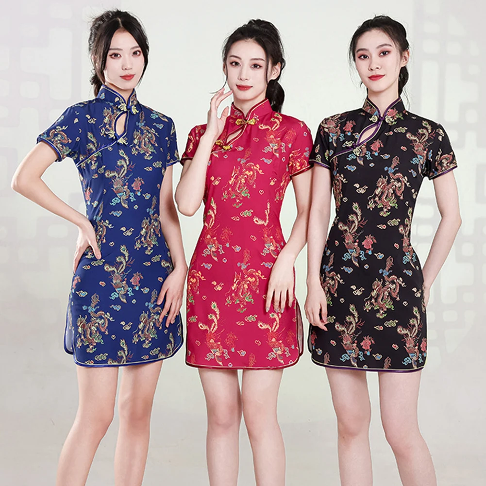 Vintage Chinese Dragon Printed Cheongsam Dress for Women with Mandarin Collar Designed for Casual and Party Settings