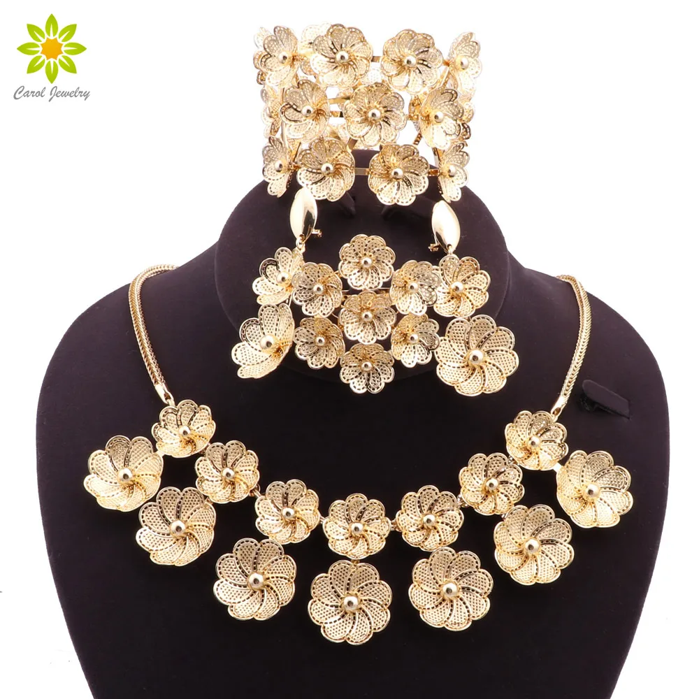 Necklace Earrings Bracelet Ring For Women Brazil Gold Color Handmade Big Jewelry Set Festive Wedding Trendy Jewelry