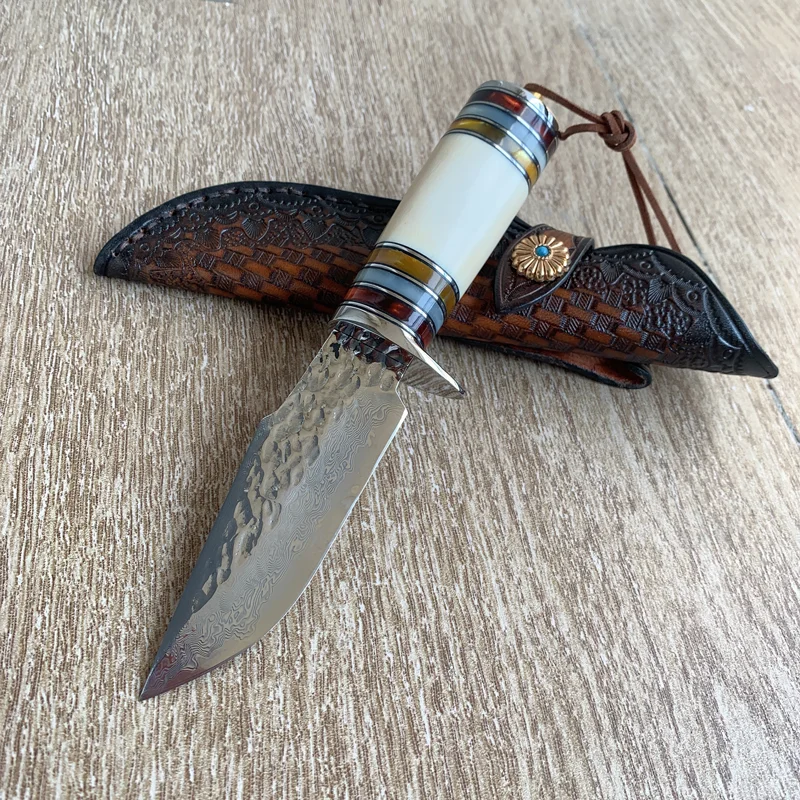 

Bobeli 62 HRC Bovine Bone Resin Handle Damascus Steel Fixed Blade Hunting Knife For Camping Survival with Leather Scabbard