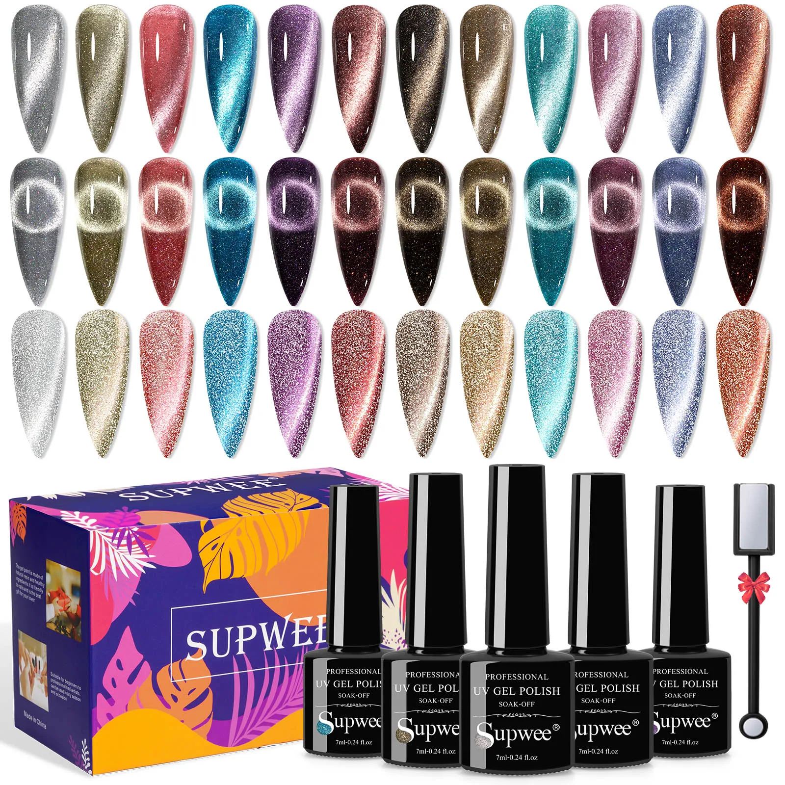 

SUPWEE 12PCS/Set 9D Reflective Glitter Gel Cat Eye Magnetic Gel Nail Polish Semi Permanent UV Gel Soak Off UV Sparkling Nail Art