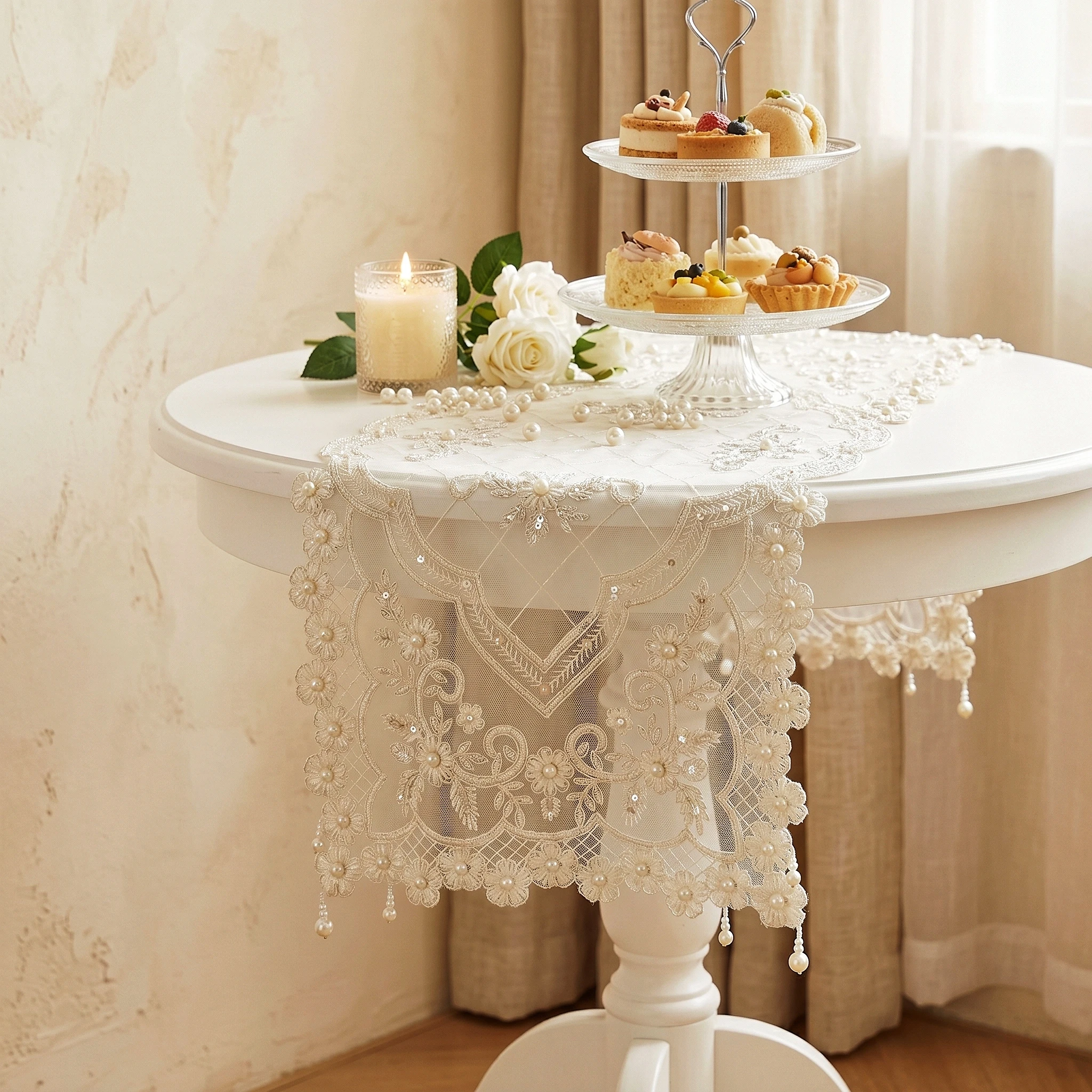 Luxury Beaded Tablecloth Handmade Table Runner Wedding Lace Table Cover Coffee Table Serving Decor Fabric Furniture Centerpieces