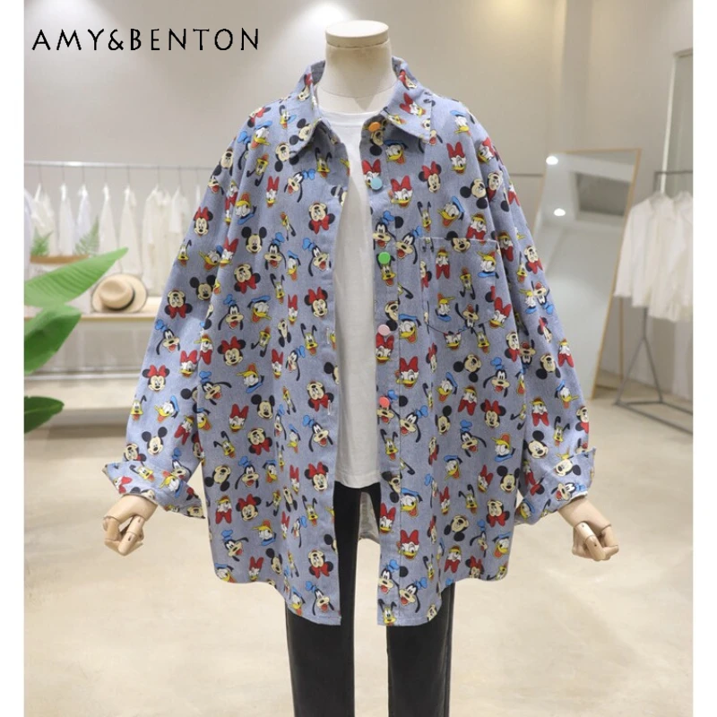 

Age-Reducing Full Body Cartoon Long Sleeve Blouse Spring Loose Mid-Length Below The Hip Washed Denim Shirt Jacket Girl