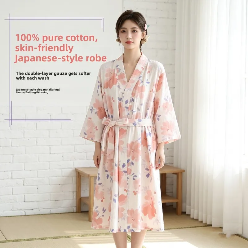 Japanese Kimono Style Women‘s Double Gauze Cotton Robe, Tie-Front Long Sleeve & Relaxed Fit, Breathable Lightweight All-Season H