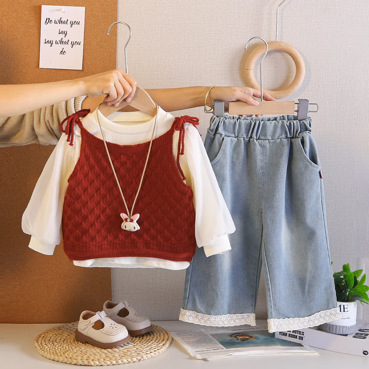2026 Spring Toddler Girls 3pcs Set Knitted Vest Puff Sleeve Blouse Lace Trim Denim Wide Leg Pants Kids Sweet Princess Outfits