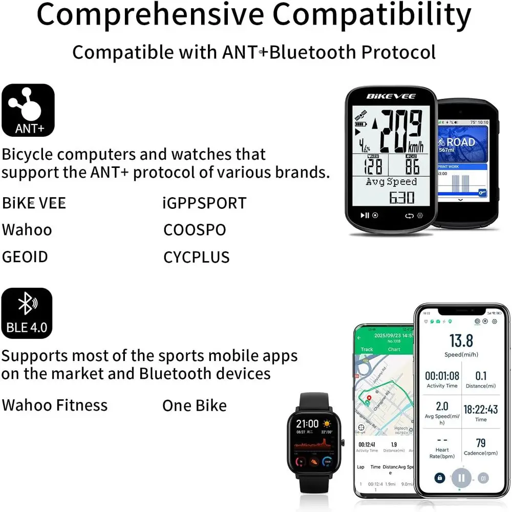 كمبيوتر دراجة لاسلكي مزود بنظام تحديد المواقع مع عداد السرعة، عداد المسافات، مستشعر الإيقاع، إضاءة خلفية تلقائية، توقف تلقائي، مقاوم للماء IPX7، 2.6 لتر #4