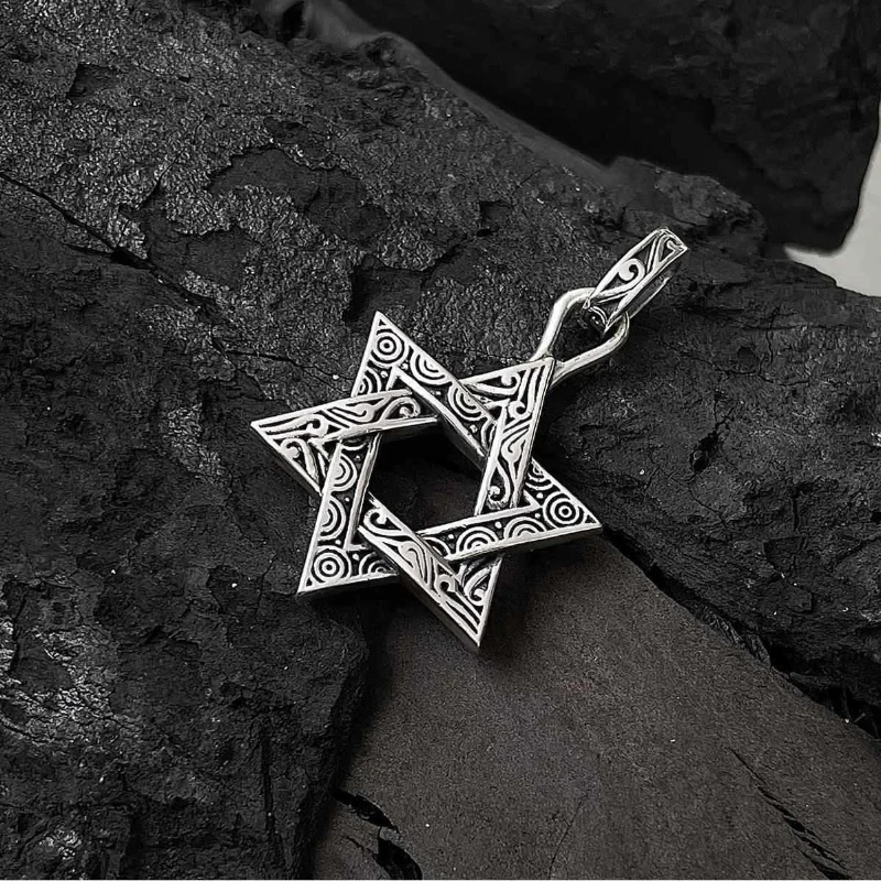 Six Pointed Star Pendant Necklace for Female Male Thai Silver Collarbone Chain Retro and Trendy Couple Accessories KOFSAC