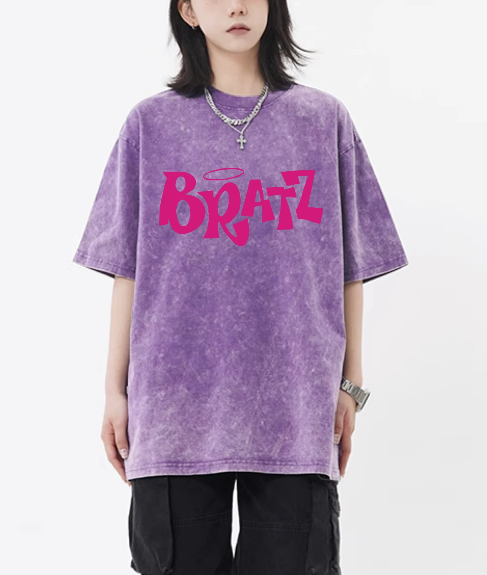 Y2K Pink Bratz Letter Prints Washed T-Shirt Women Summer Cotton T Shirts Crewneck Loose Clothes Unisex Multicolor Short Sleeve