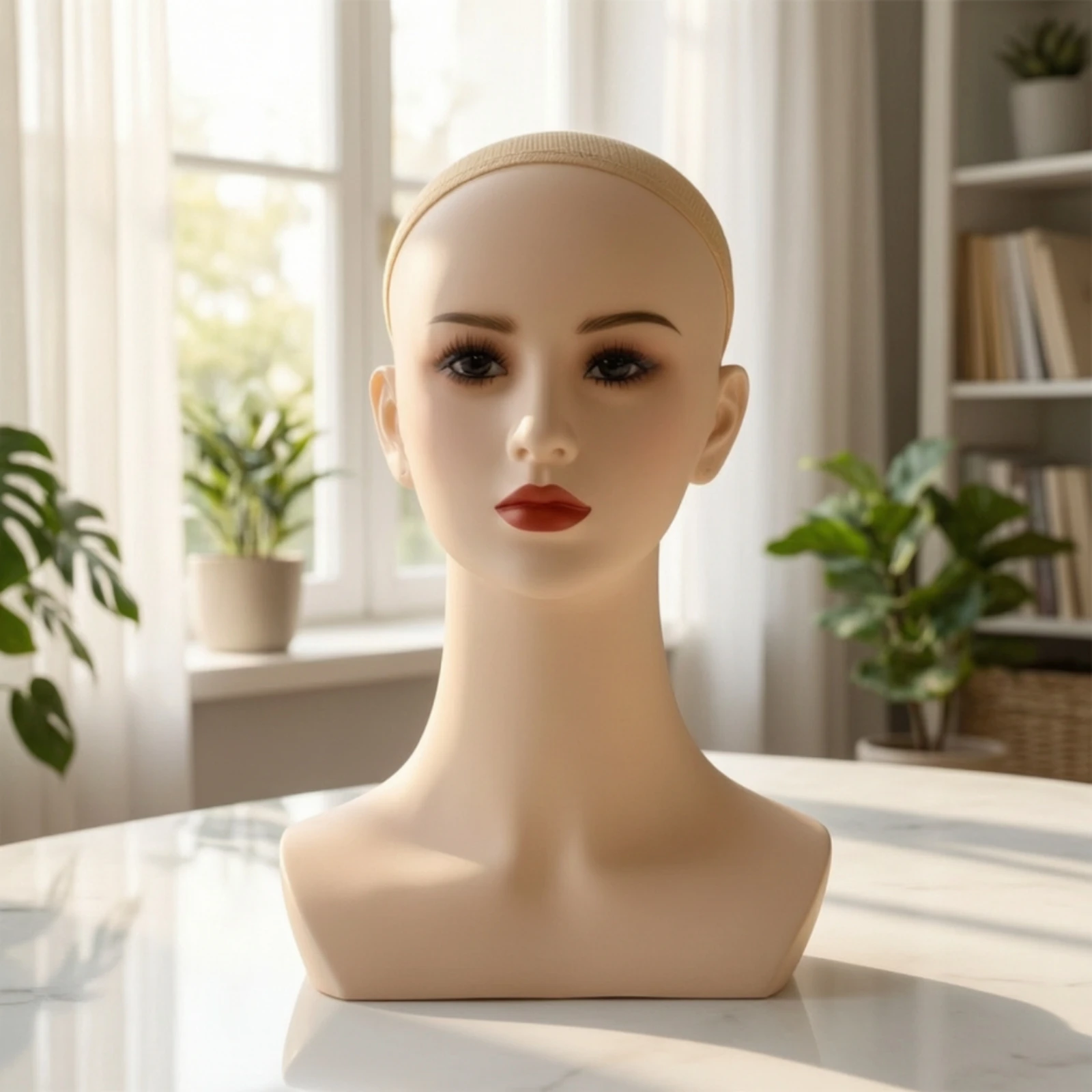Hairpiece Display Head with Shoulder Base Lightweight Female Mannequin Head PVC Mannequin Bust Professional Natural Skin Tone