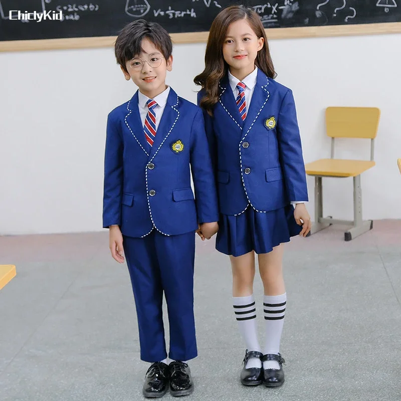 

Children School Uniform Girls Japanese Blue Jacket Plaid Skirts Pants Boys Formal Dress Suits Kids Student Clothes Class Sets