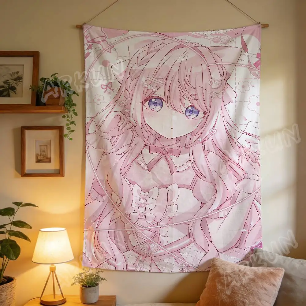Fashion Hot Kawaii Pastel Pink Anime Girl Tapestry Soft Aesthetic Wall Hanging, Cute Girl Bedroom Dorm Room Background