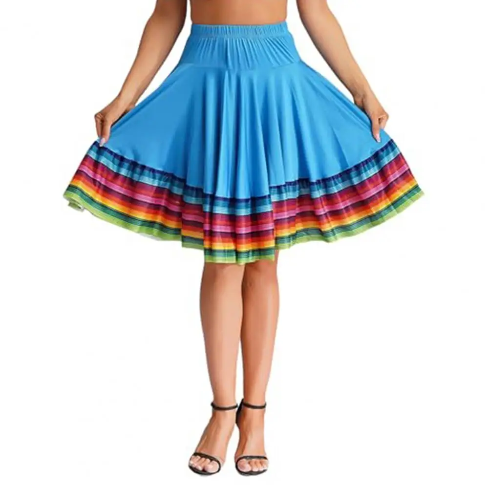 2025 Womens Folk Dance Skirt Elastic High Waist Spanish Swing Skirt Rainbow Large Swing Hem Mexican Flamenco Skirt