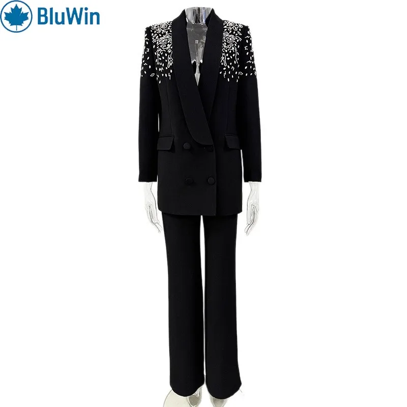 

BluWin New Arrival Beaded Rhinestone Blazer Pants Set Women Tailored Slim Fit Two Piece Suit Evening Party