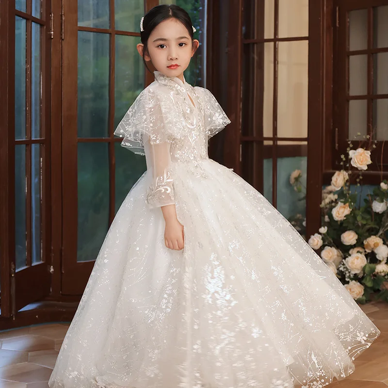 Kids Dresses Girl Elegant Long Prom Green Tulle Gowns Sequin Lace Children Graduation Dress Teen Wedding Party Bridesmaid Robe