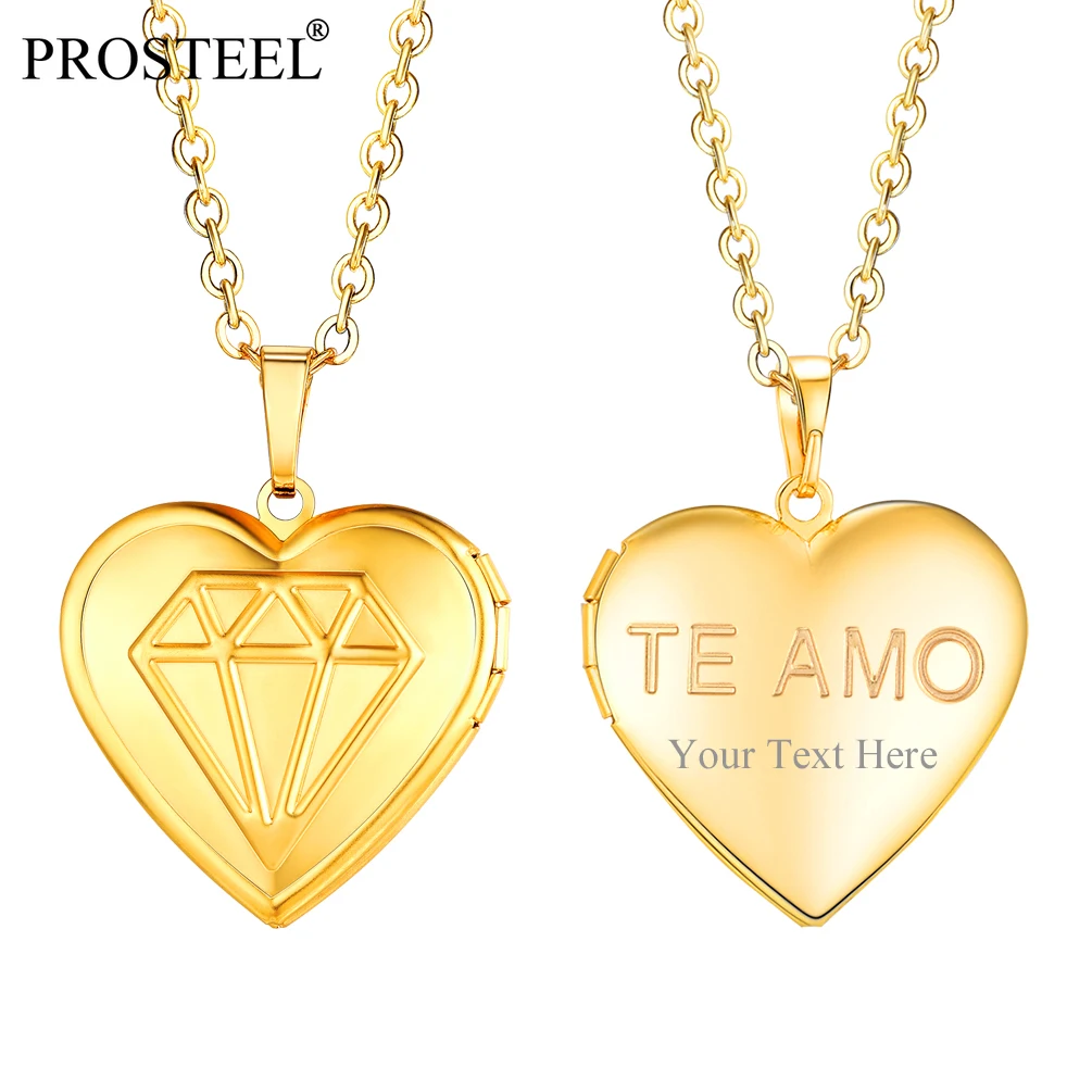 

PROSTEEL Diamond Heart Photo Locket Custom Photo/Text Pendant Necklace for Women Girl Personalized Gifts Gold/Silver PSP3816