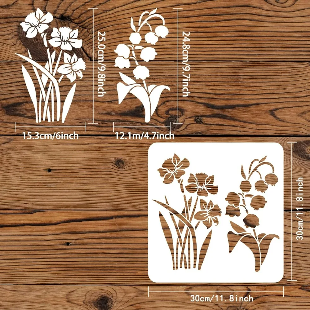 Flower Bouquet Stencil 11.8x11.8 inch Daffodil Flower Stencils Bell Orchid Painting Stencil Plastic Reusable Spring Plant