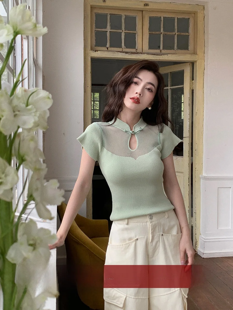 

Chic Chinese Sle Semi-Transparent Me Patchwork Stand Collar Button T-irt Women's Design Slim Fit ort Top Summer