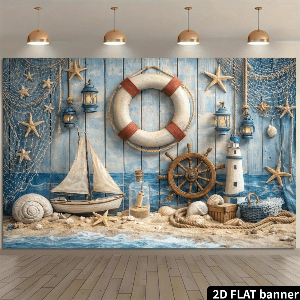 2D Flat,Nautical Lifeboat Starfish Ship Wheel Lighthouse Beach Decor Tapestry Coastal Wall Art Living Room Ocean Theme  Print