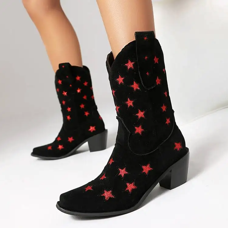 

Cowboy Boots for Woman Black Brown Suede Star Embroidery Pointed Toe Block Heels Mid Calf Big Size 14 Western Outdoor Party