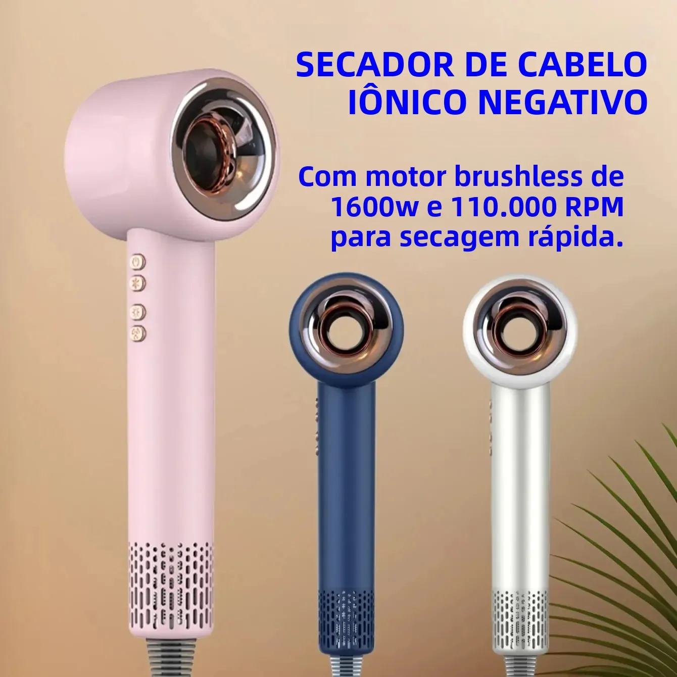 Secador de Cabelo Profissional de 1600W com Íons Negativos, Silencioso, Temperatura Constante para Cuidados com os Cabelos