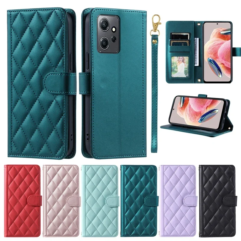 Embossed Checkered  Hand-strap Phone Bag for Xiaomi Redmi Note 13 12 12 Pro 12S Note 11 11Pro 10 9 8 Pro Card Slots Wallet Case