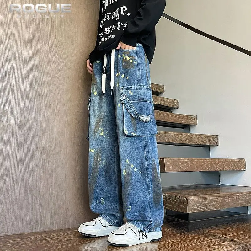 Hip Hop Streetwear Graffiti Paint Splatter Jeans Men High Waist Loose Wide Leg Denim Pants Vintage Harajuku Outfit Y2K Unisex