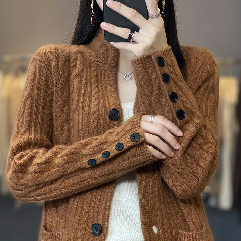 Fashion New 100% wool Sweater Solid Color Knitted Women\'s Cardigan Sweater Premium Long Sleeve Woolen Sweater Autumn and Win