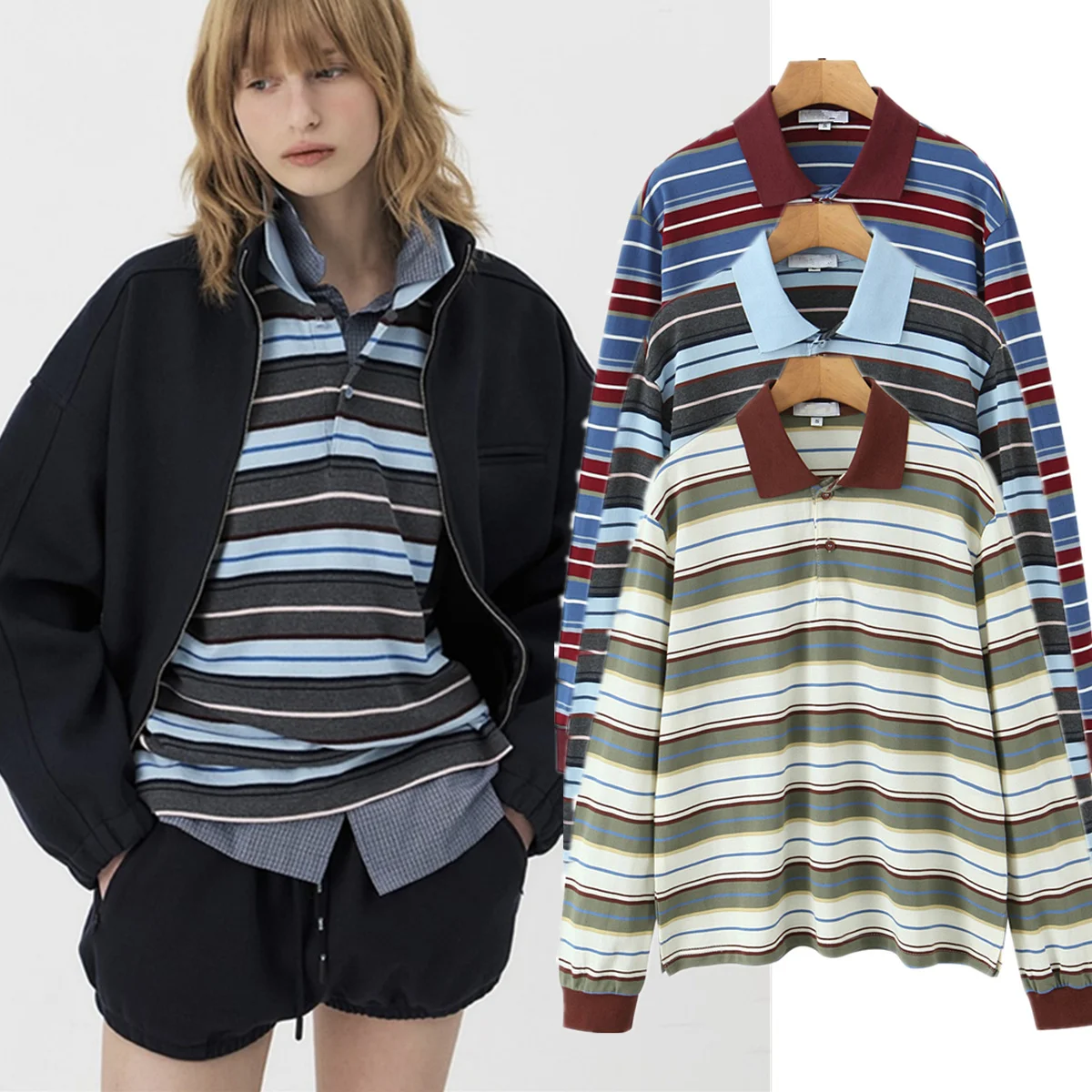 

Maxdutti Japanese Minimalist Cotton Striped Polo Shirt Ladies Autumn Long Sleeved T-shirt Women's Couple Retro Top