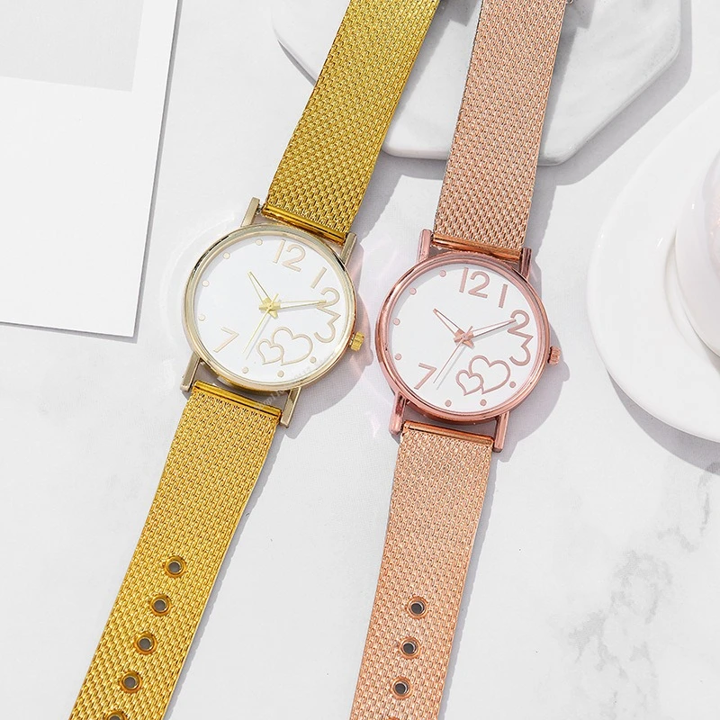 Женские часы Reloj Mujer с двойным сердцем, сетчатый ремень, деловые круглые часы, простые повседневные кварцевые наручные часы, наручные часы для женщин