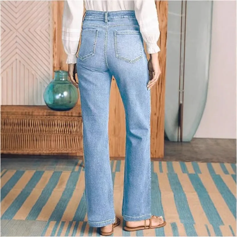 Mulheres denim jeans sólido jean bolso zíper voar império cintura comprimento total calças retas médio estiramento senhora do escritório 2025 outono