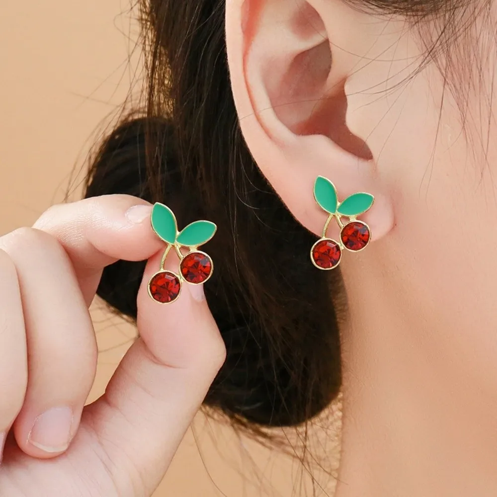Strawberry Lemon Fruits Studs Earrings Crystal Rhinestone Creative Mini Cherry Earrings Orange Cherry Simulation