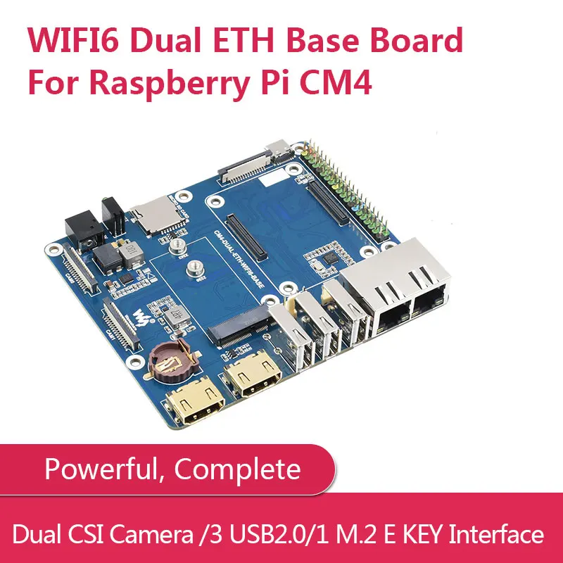 

WIFI6 Dual ETH Base Board / Mini-Computer Designed for Raspberry Pi Compute Module 4, Onboard M.2 E KEY Slot Dual CSI Camera