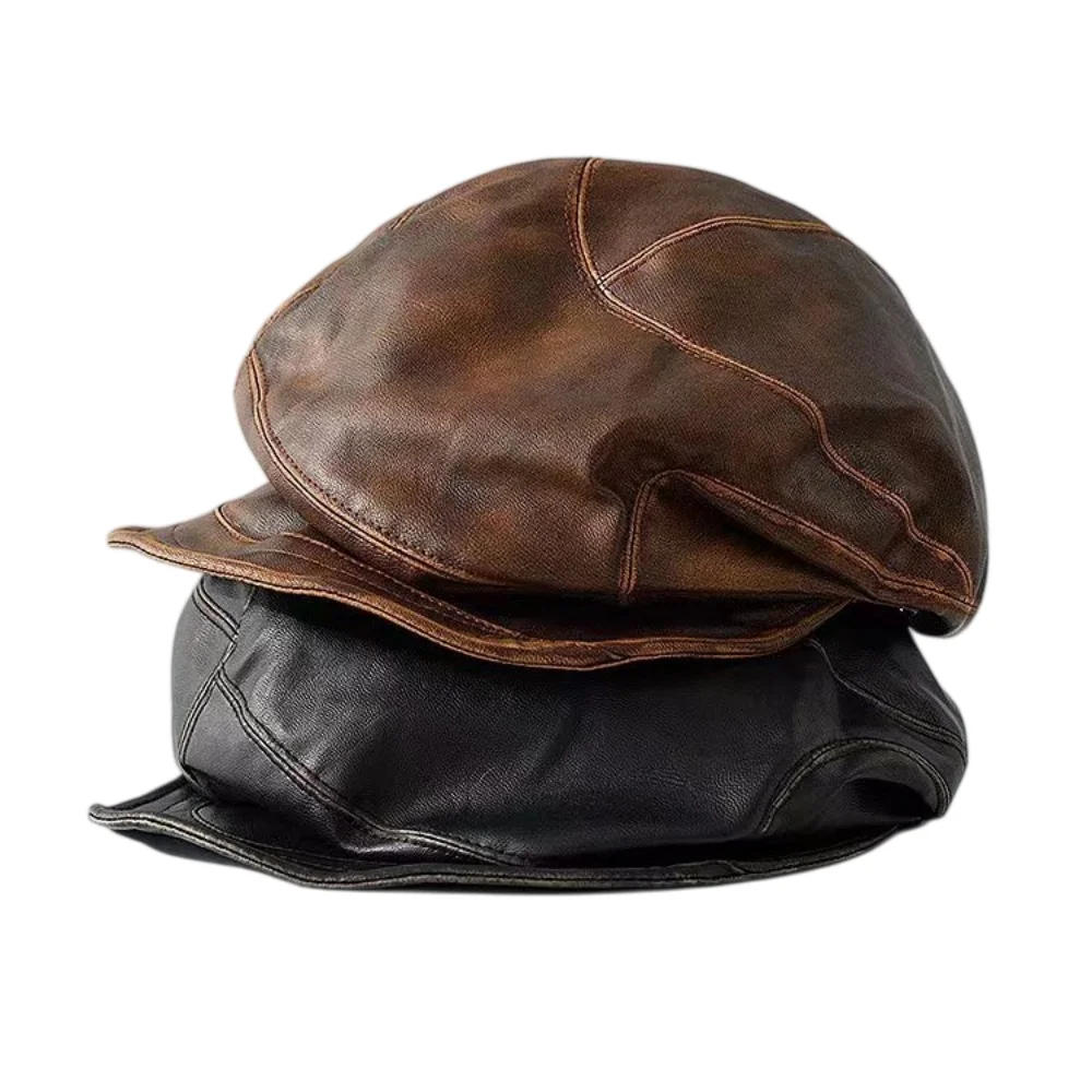 Japanese Style Faux Leather Women's Hat Unisex Irregular Short Eaves Duckbill Caps Winter Waterproof Dome Octagonal Hat Gorros