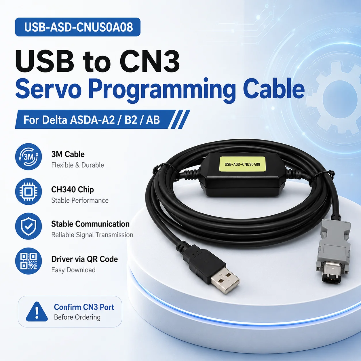 USB-ASD-CNUS0A08 3M Servo Programming Cable, USB to CN3 RS232 Download Lead for Delta ASDA-A2/B2/AB Drives, 5V