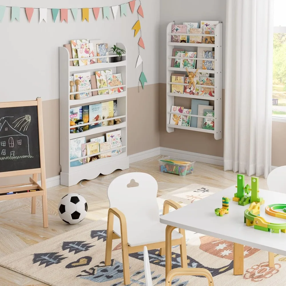 Rak buku anak-anak, rak buku anak-anak, dudukan dinding 4-tingkat, pengatur rak buku untuk mainan dan buku, rak penyimpanan mainan di kamar tidur