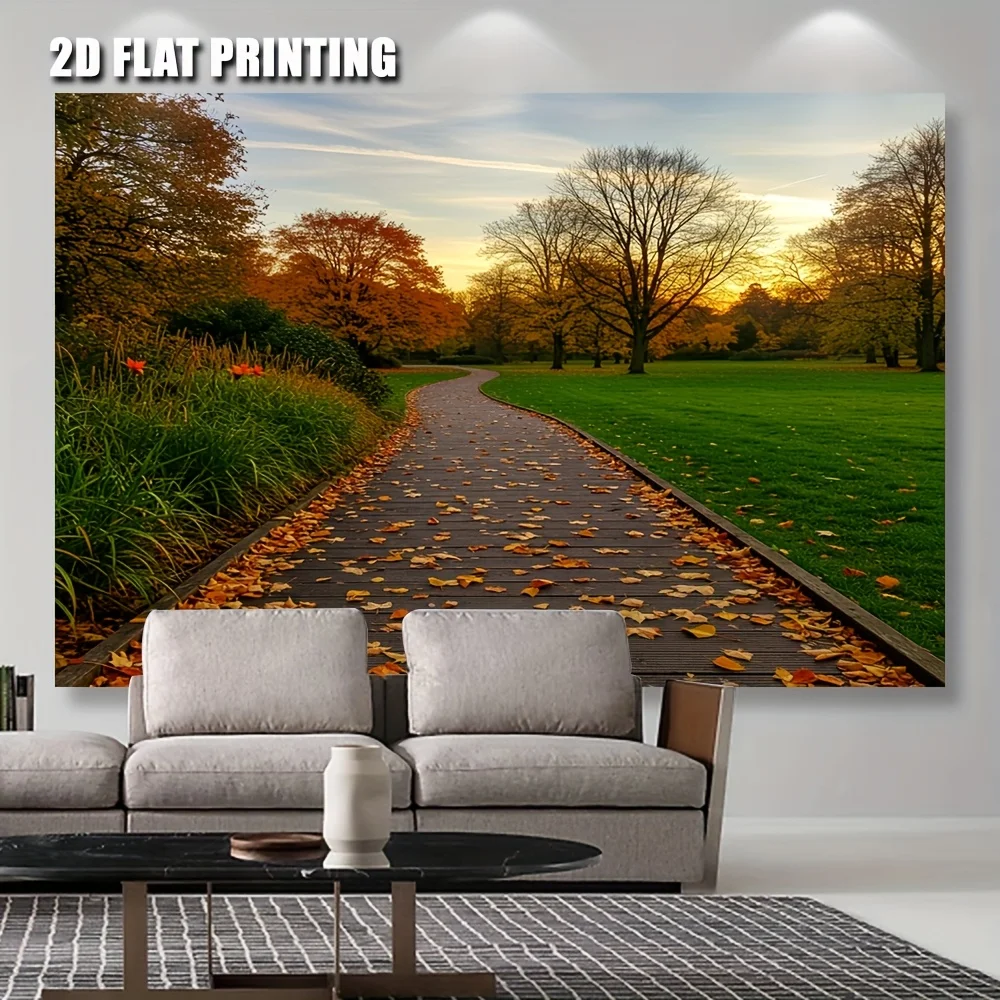Autumn Pathway Tapestry Polyester Wall Hanging Fall Leaves Wooden Walkway Green Lawn Living Room