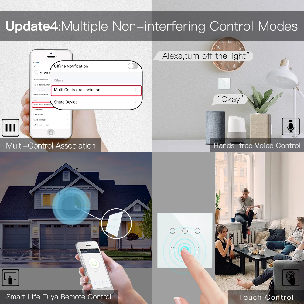 New Smart WiFi 6 Gang Light Switch Smart Life/Tuya App 2/3 Way Muilti-Control Remote Control Works with Alexa Google Yandex