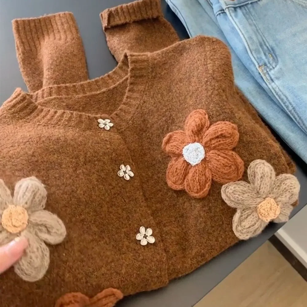 O Neck Lazy Panelled Knit Cardigan All-match Exquisite Literary Sweaters Neploe Loose Warm Jacquard Elegant Handmade Pull Femme